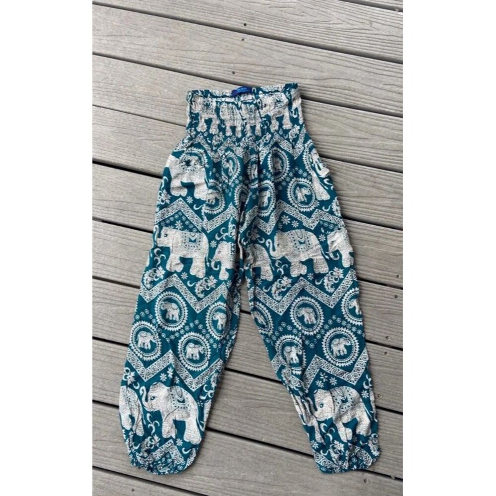 Blue Gecko Elephant Harem Pants Small Teal Rayon Boho Hippie Festival Thai Pants